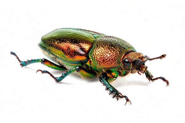 Macropó de un escarabajo con caparazón verde metálico y detalles dorados.