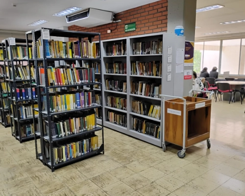 Múltiples estanterías metálicas con colecciones de libros en la Biblioteca Álvaro López Toro