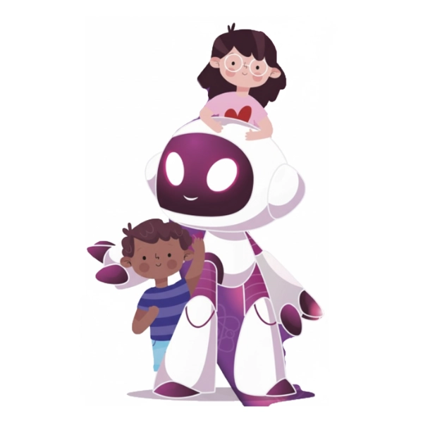 Ilustración de robot asistente con dos niños en ambiente de aprendizaje