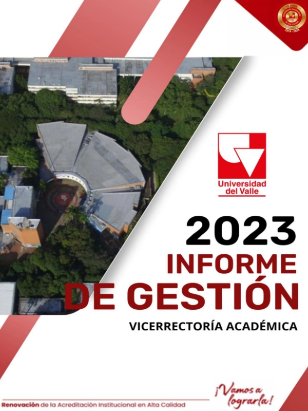 Portada Informe de Gestión 2023: Vista aérea de edificios del campus y gráficos rojos.