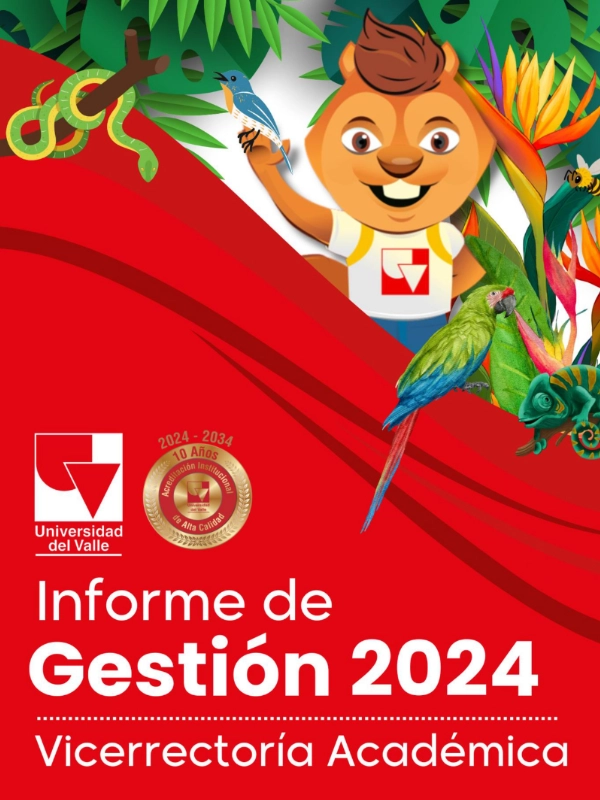 Portada Informe de Gestión 2024: Diseño rojo con mascota ardilla y guacamaya.