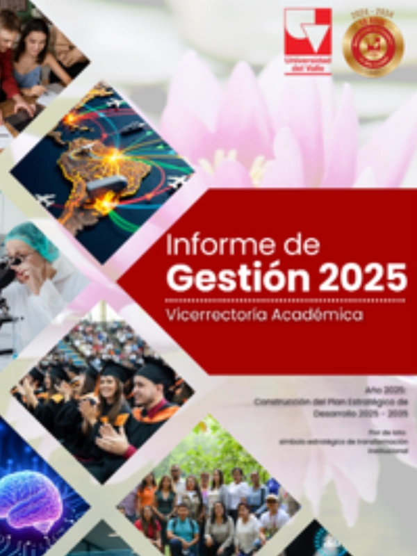 Portada del Informe de Gestión 2025: Collage con estudiantes, laboratorios y flor de loto.