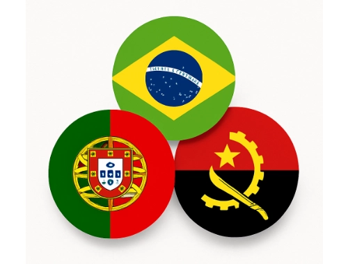 Ilustración de las banderas de Brasil, Portugal y Angola agrupadas para el idioma portugués