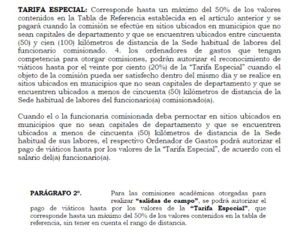 Extracto de resolución sobre la tarifa especial de viáticos para salidas de campo