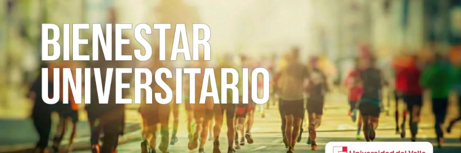 Personas participando en una carrera atletica con el texto 'BIENESTAR UNIVERSITARIO'