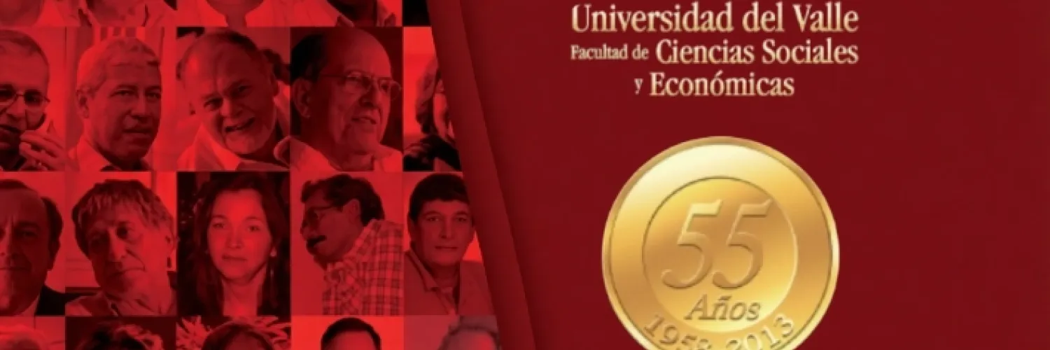 Banner de los 55 años de la Facultad con mosaico de retratos en rojo