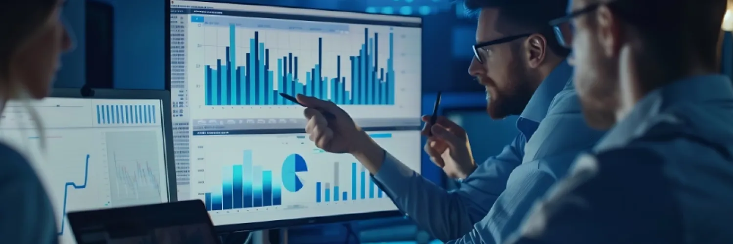 Banner Power BI con Dos personas analizando tableros de control y gráficas de datos en pantallas.