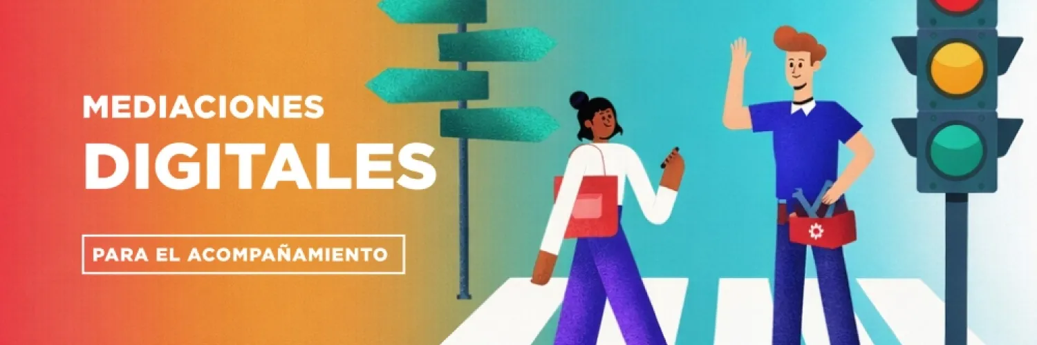 Banner Ilustración de dos estudiantes en un cruce peatonal con señales de dirección y un semáforo