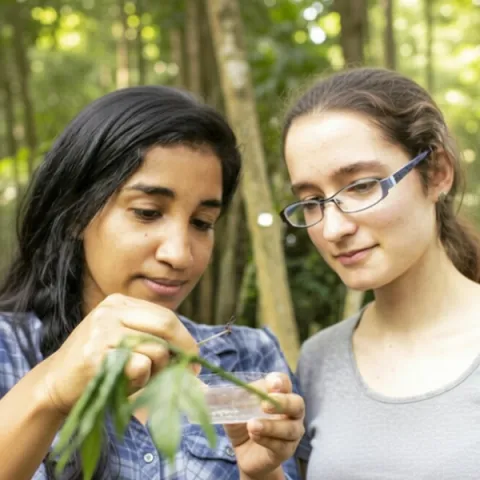 Dos estudiantes de Ciencias Naturales examinan una muestra vegetal en campo