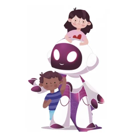 Ilustración de un robot asistente acompañando a dos niños en un ambiente de aprendizaje